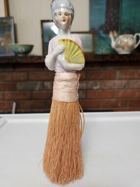 Porcelain Figurine Duster Brush with Pink Dress and Yellow Fan- Antique
